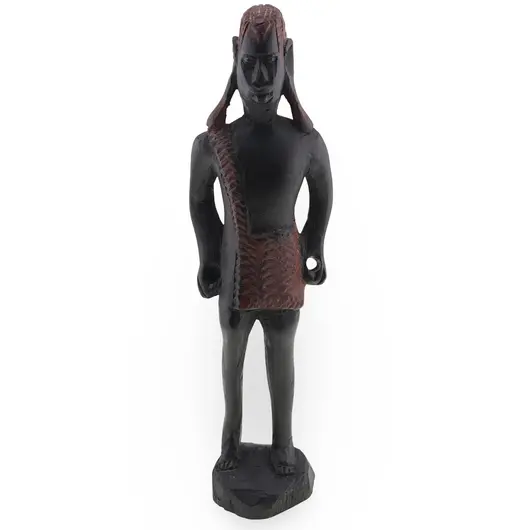 Statueta africana vintage, model din lemn inchis cu detalii maro, 20,5cm