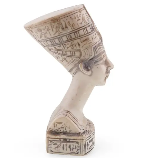 Bust Nefertiti vintage, model bej cu inscriptii egiptene, 17cm, imagine 3