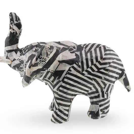 Figurina elefant vintage, model alb-negru cu dungi si colaje grafice, 11cm
