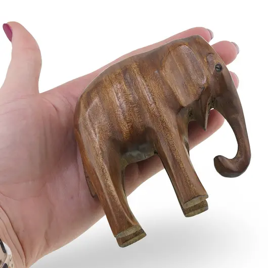 Figurina elefant din lemn vintage, model sculptat manual maro natur, 9cm, imagine 3