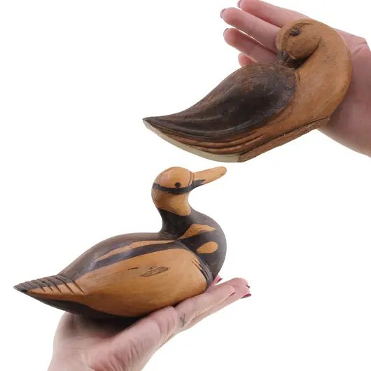 Set decorativ 2 rate din lemn vintage, model sculptat manual maro natur, 15-16cm, imagine 5