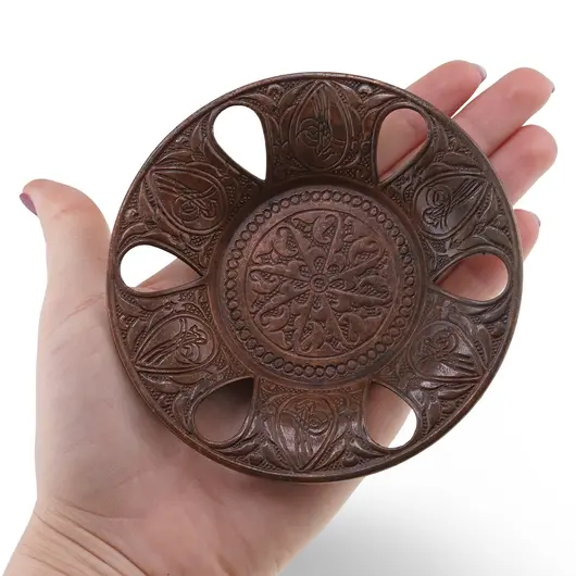 Farfurie decorativa din cupru vintage, model sculptat manual cu motive florale, 10cm, imagine 5