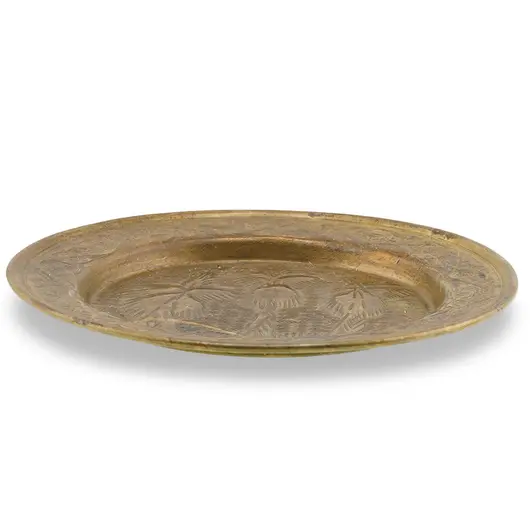 Farfurie decorativa din alama vintage, model rotund cu palmieri gravati, 9cm, imagine 2