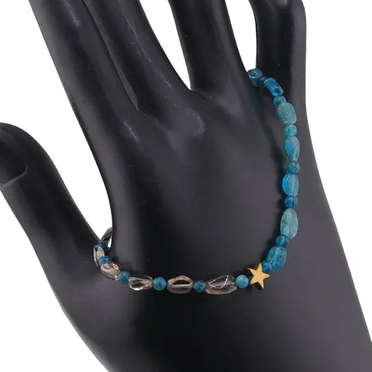 Bratara Apatit dark neuniform si sfere 3-6mm, Cuart fumuriu neuniform 5-8mm si steluta din Hematit auriu 6mm, imagine 2