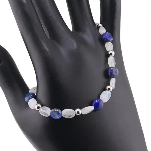 Bratara Lapis Lazuli si Piatra lunii neuniforma 6-8mm cu bumbi argintii, imagine 2