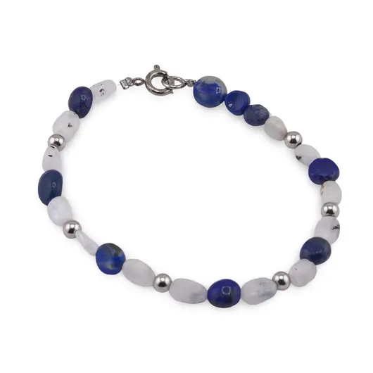 Bratara Lapis Lazuli si Piatra lunii neuniforma 6-8mm cu bumbi argintii