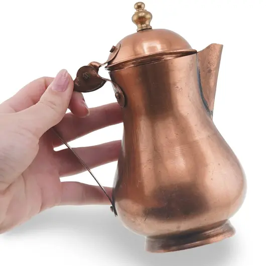 Cafetiera vintage din cupru cu capac rotund și maner metalic, 14cm, imagine 3