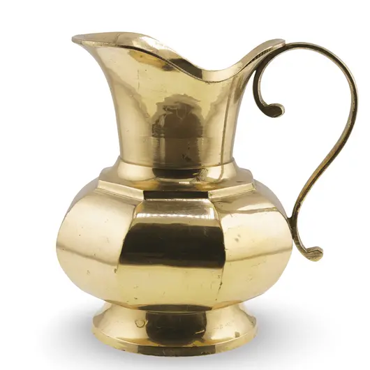 Cana vintage din alama cu corp hexagonal si maner curbat, 13cm