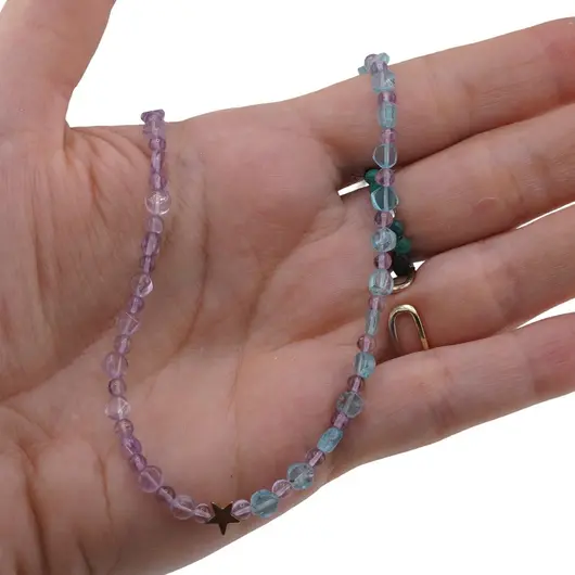 Colier Ametist si Apatit sfere si banuti 3-5mm cu steluta din Hematit auriu 6mm, imagine 3