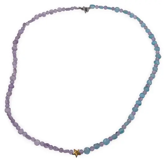 Colier Ametist si Apatit sfere si banuti 3-5mm cu steluta din Hematit auriu 6mm