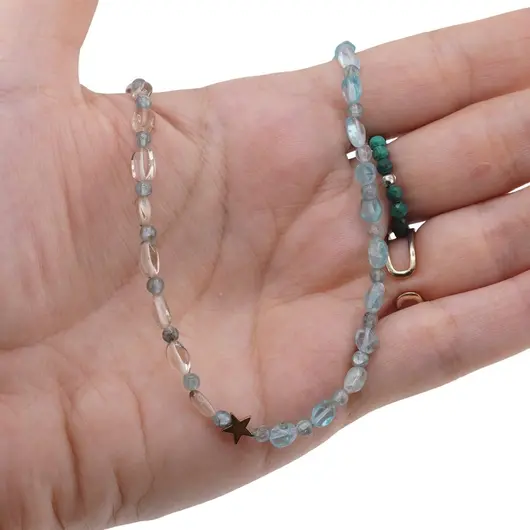 Colier Apatit neuniform si sfere 3-6mm, Cuart fumuriu neuniform 5-8mm si steluta din Hematit auriu 6mm, imagine 3