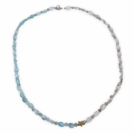 Colier Apatit neuniform si sfere 3-6mm, Cuart fumuriu neuniform 5-8mm si steluta din Hematit auriu 6mm