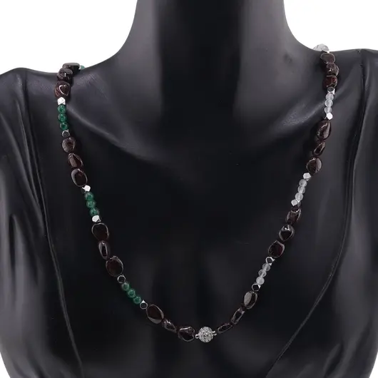 Colier Granat neuniform 6-8mm, Piatra Lunii si Aventurin dark sfere 3-4mm, Hematit fatetat si sfera cu zirconii 6mm, imagine 2