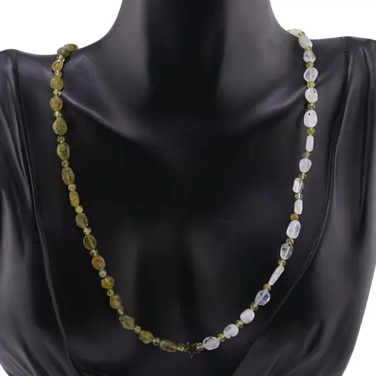 Colier Peridot neuniform si sfere 3-6mm cu Piatra lunii neuniforma 6-8mm si steluta din Hematit auriu 6mm, imagine 2