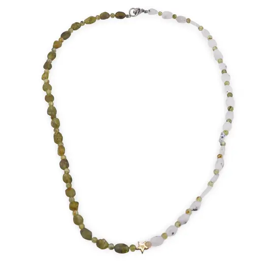 Colier Peridot neuniform si sfere 3-6mm cu Piatra lunii neuniforma 6-8mm si steluta din Hematit auriu 6mm