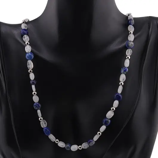 Colier Lapis Lazuli si Piatra lunii neuniforma 6-8mm cu bumbi argintii, imagine 2