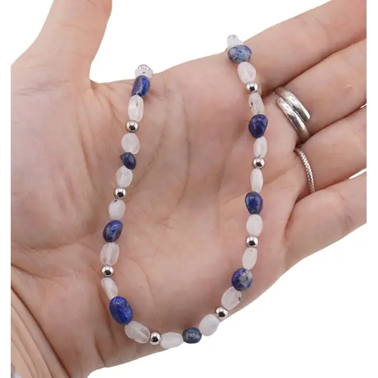 Colier Lapis Lazuli si Piatra lunii neuniforma 6-8mm cu bumbi argintii, imagine 3