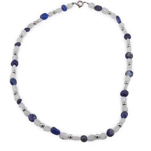 Colier Lapis Lazuli si Piatra lunii neuniforma 6-8mm cu bumbi argintii