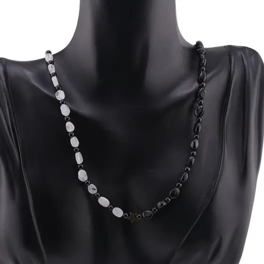 Colier Turmalina neagra sfere si neuniforma 3-7mm si Piatra Lunii neuniforma 5-7mm cu steluta din Hematit auriu 6mm, imagine 2