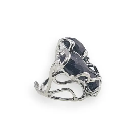 Inel reglabil cu 3 pietre fatetate de Goldstone albastru, montura argintie, imagine 2