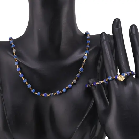 Set bratara si colier Lapis Lazuli cuburi fatetate si Hematit auriu discuri, 2-4mm, imagine 2