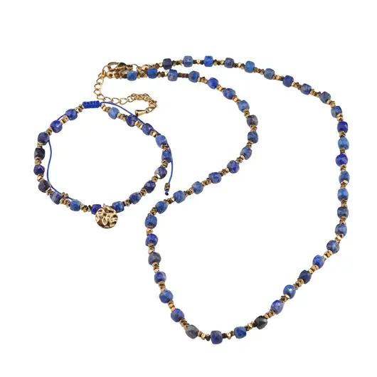 Set bratara si colier Lapis Lazuli cuburi fatetate si Hematit auriu discuri, 2-4mm
