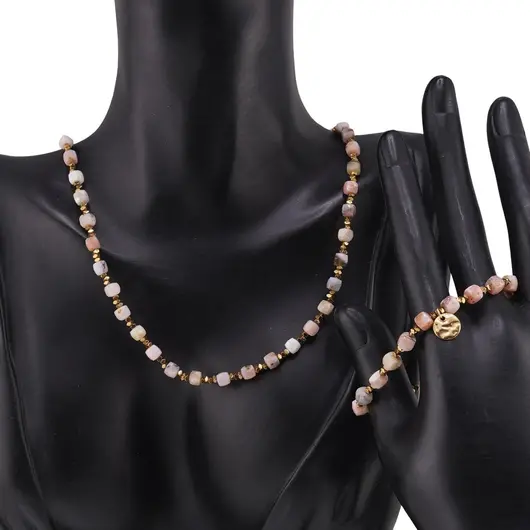 Set bratara si colier Opal roz cuburi fatetate si Hematit auriu discuri, 2-5mm, imagine 2