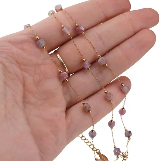 Set bratara si colier Turmalina roz cuburi fatetate si lant auriu, 4mm, imagine 3