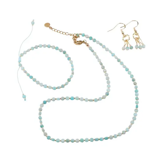 Set cercei cu agatatoare, bratara si colier Amazonit A+ banuti extrafatetati cu elemente aurii, 4mm