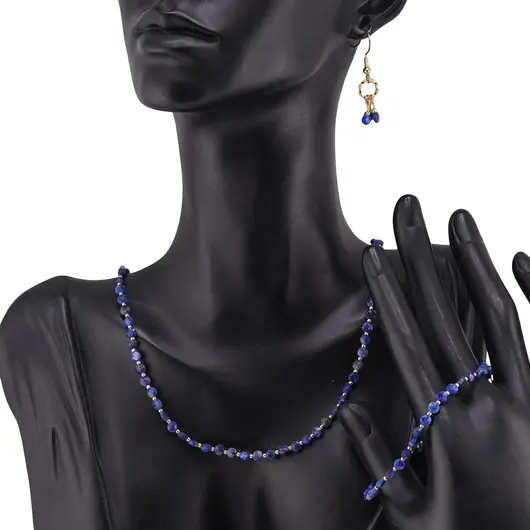 Set cercei cu agatatoare, bratara si colier Lapis Lazuli banuti extrafatetati cu elemente aurii, 4mm, imagine 2