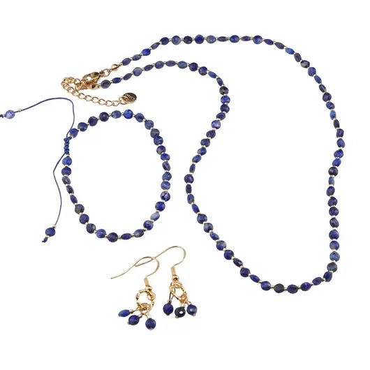 Set cercei cu agatatoare, bratara si colier Lapis Lazuli banuti extrafatetati cu elemente aurii, 4mm