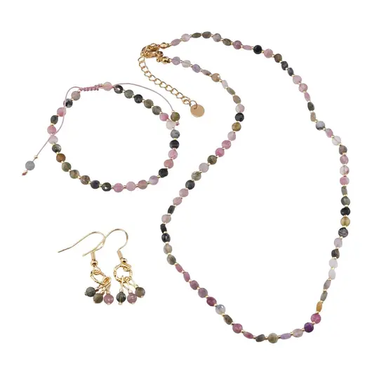 Set cercei cu agatatoare, bratara si colier Turmalina multicolora A+ banuti extrafatetati cu elemente aurii, 4mm
