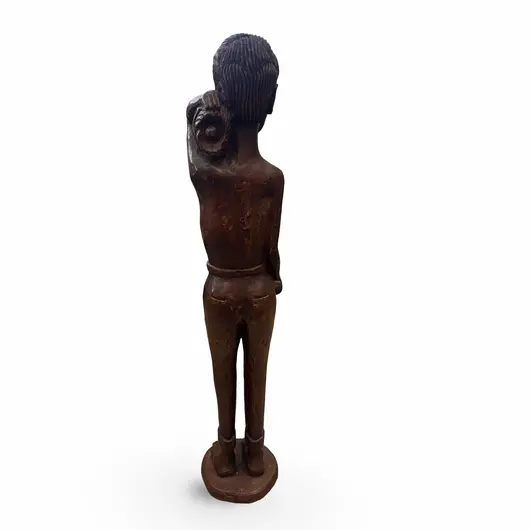 Statueta vintage din lemn sculptat manual, barbat cu animal pe umar, 69cm, imagine 2