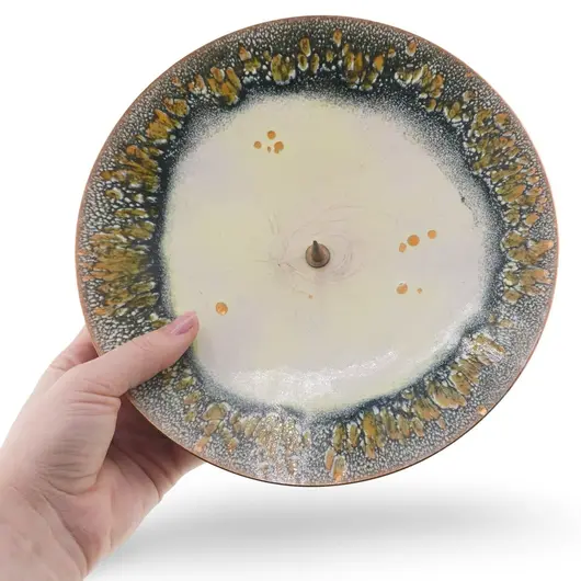 Suport vintage pentru lumanare din cupru emailat crem, decor abstract, 19,5cm, imagine 3