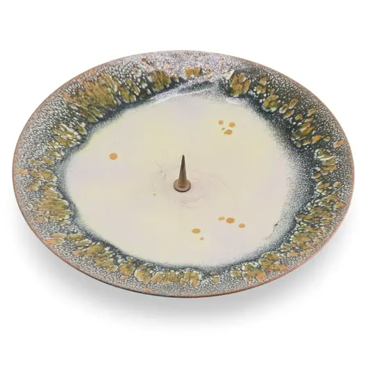 Suport vintage pentru lumanare din cupru emailat crem, decor abstract, 19,5cm