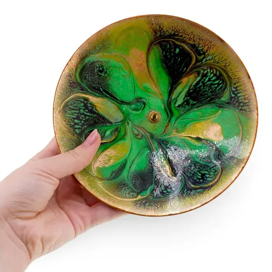 Suport vintage pentru lumanare din cupru emailat verde, model floral, 15cm, imagine 3