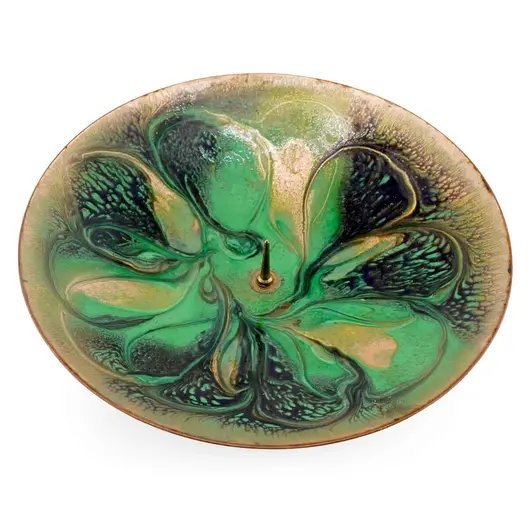 Suport vintage pentru lumanare din cupru emailat verde, model floral, 15cm