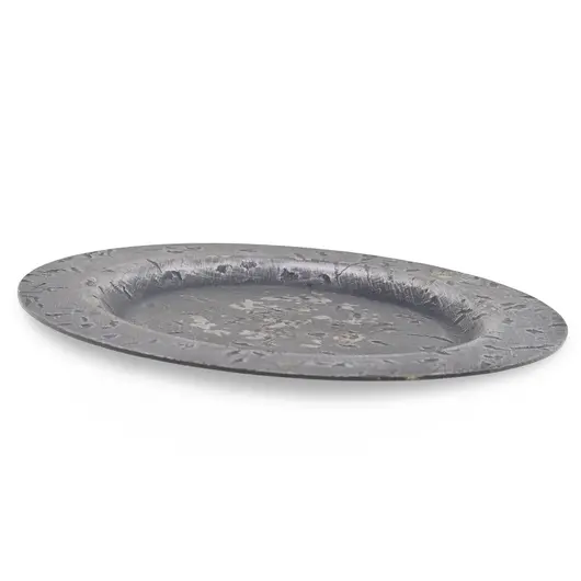 Farfurie decorativa vintage din metal patinat, model gravat, 14cm, imagine 2