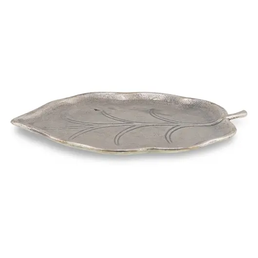 Tava decorativa vintage din metal, forma frunza cu model gravat, 12cm, imagine 2