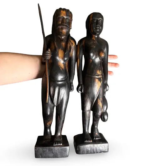 Set statuete vintage din lemn sculptat manual, cuplu tribal, 39cm, imagine 3