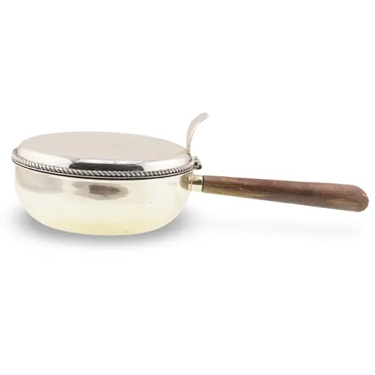 Vas cu capac vintage din metal argintiu si maner din lemn sculptat manual, 26cm