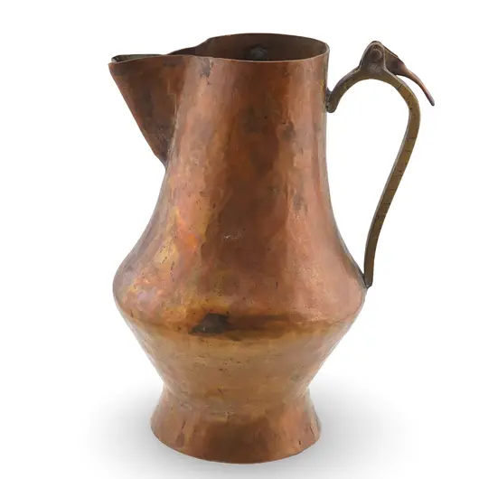 Cana vintage din cupru ciocanit, maner decorativ, 17cm