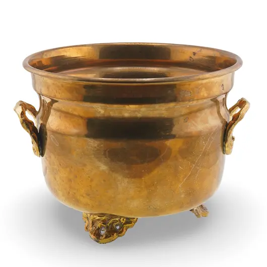 Vas vintage din alama pe picioare decorative si manere laterale, 14cm