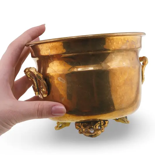 Vas vintage din alama pe picioare decorative si manere laterale, 14cm, imagine 3