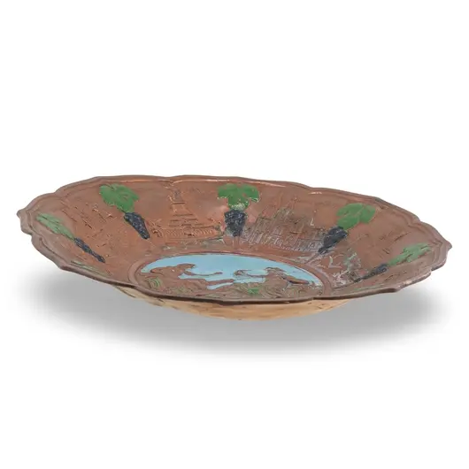 Farfurie decorativa vintage din cupru, model in relief cu scene mitologice, 16cm, imagine 2