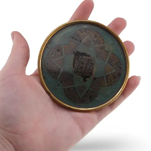 Tava decorativa vintage din alama, model geometric oriental emailat, 8cm, imagine 3
