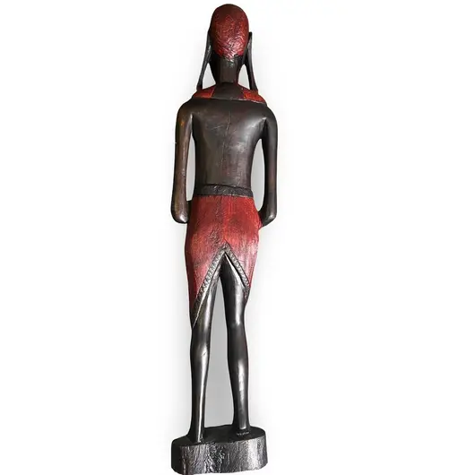 Statueta vintage din lemn sculptat manual, femeie africana cu vesmant rosu, 47cm, imagine 2