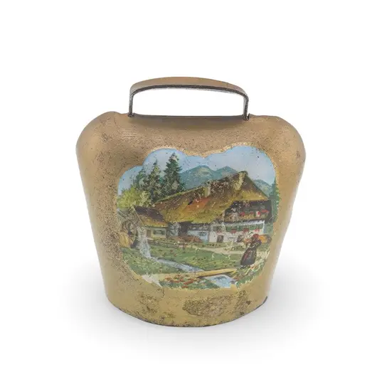 Clopot decorativ vintage din metal, model pictura alpina, 6cm