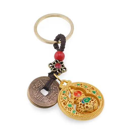 Amuleta breloc feng shui cu Wu lou auriu si monede chinezesti