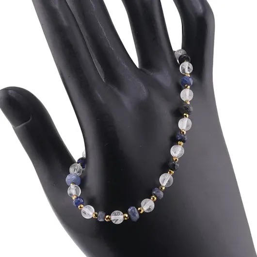 Bratara Cristal de stanca sfere 6mm si Safir albastru discuri fatetate 4-8mm cu Hematit sfere fatetate 2mm, imagine 2